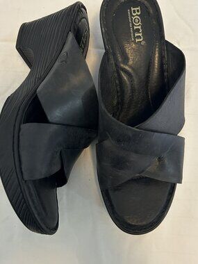 Børn Black Leather Crisscross Platform Wedge Slide Sandals 9M